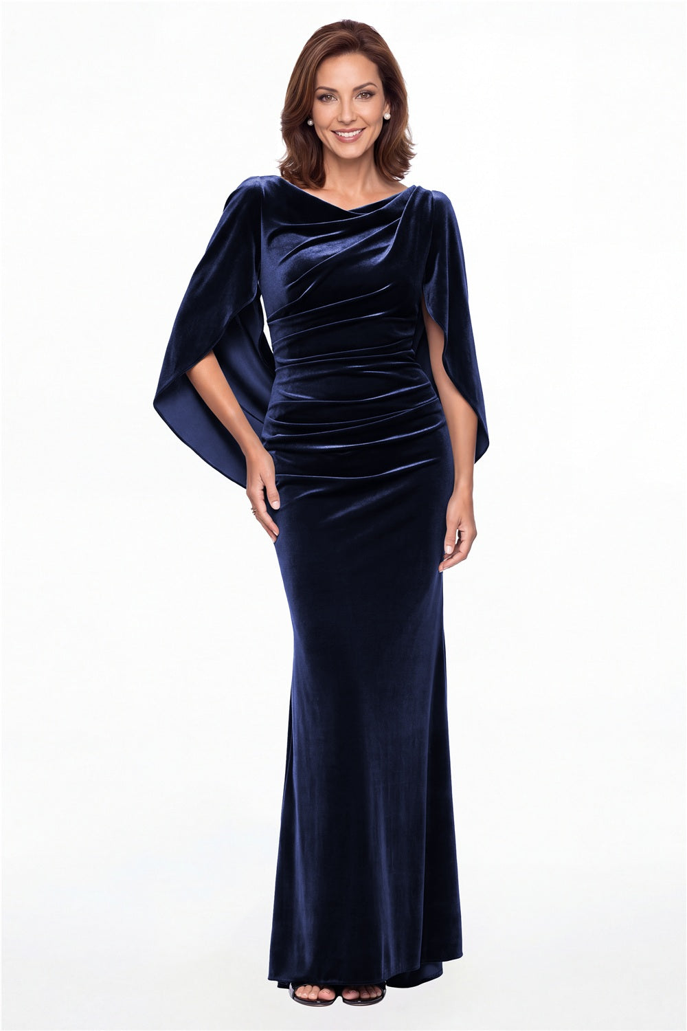 Navy Blue Cape Sleeve Ruched Velvet Mermaid Maxi Gown - Front View