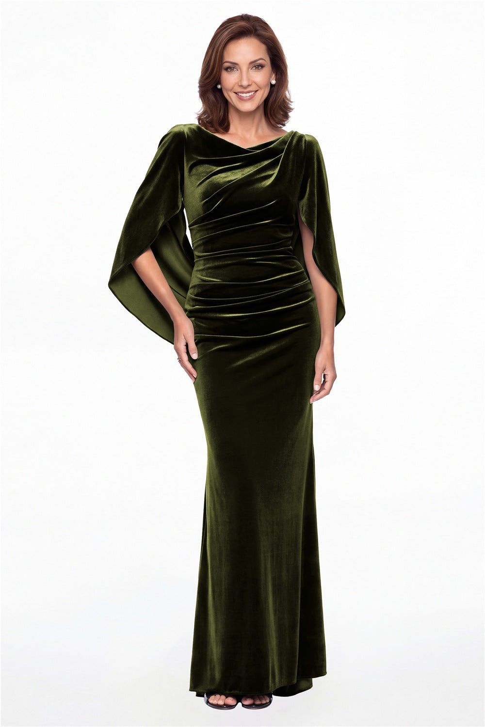 Olive Green Cape Sleeve Ruched Velvet Mermaid Maxi Gown - Front View