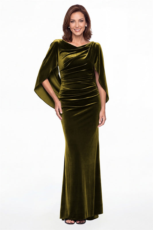 Olive Green Cape Sleeve Ruched Velvet Mermaid Maxi Gown - Front View