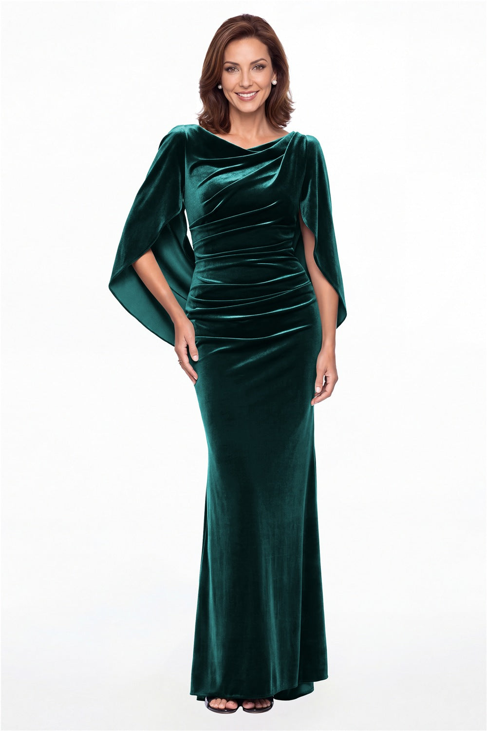 Peacock Cape Sleeve Ruched Velvet Mermaid Maxi Gown - Front View