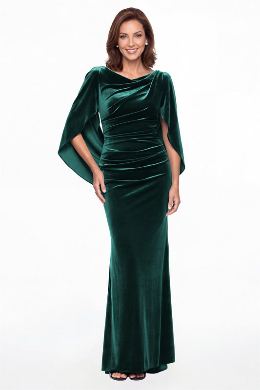 Peacock Cape Sleeve Ruched Velvet Mermaid Maxi Gown - Front View