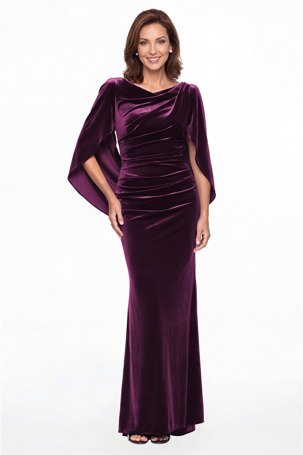 Plum Cape Sleeve Ruched Velvet Mermaid Maxi Gown - Front View