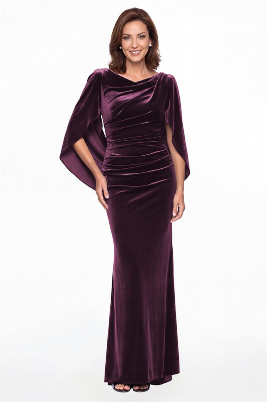 Plum Cape Sleeve Ruched Velvet Mermaid Maxi Gown - Front View
