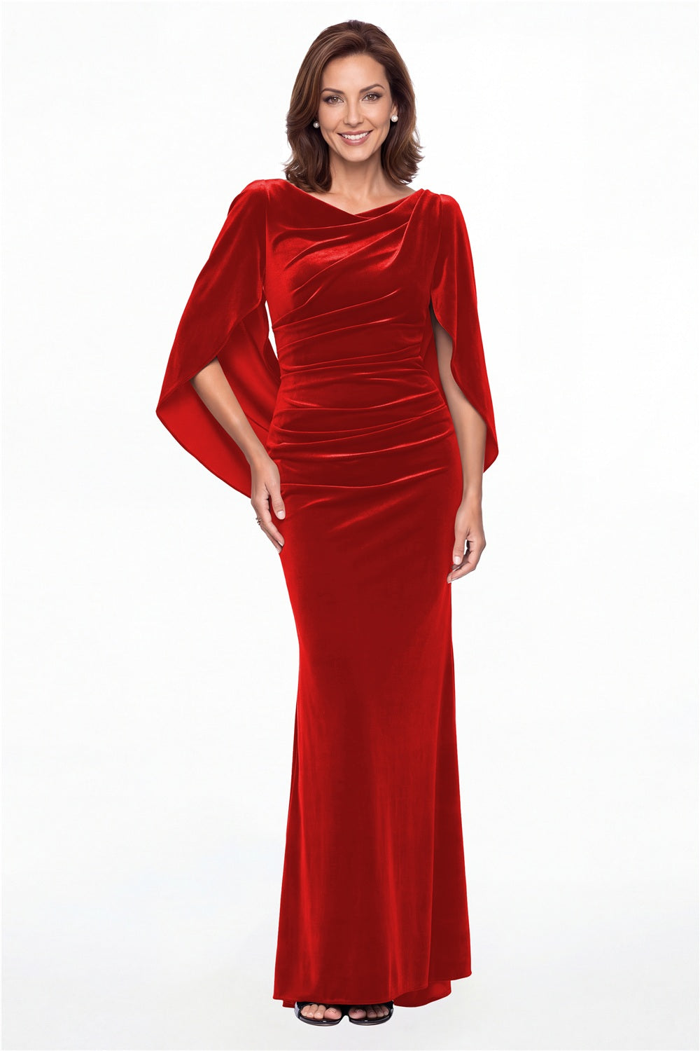 Red Cape Sleeve Ruched Velvet Mermaid Maxi Gown - Front View