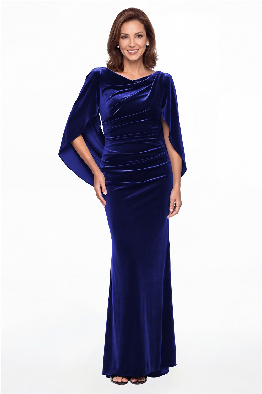 Royal Blue Cape Sleeve Ruched Velvet Mermaid Maxi Gown - Front View