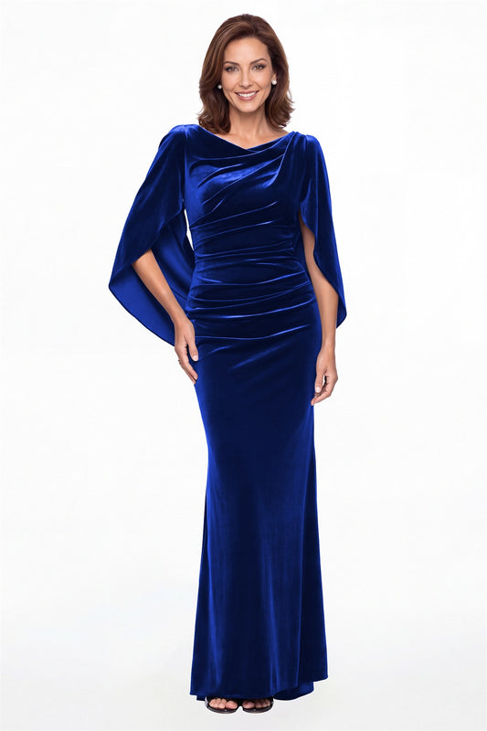 Royal Blue Cape Sleeve Ruched Velvet Mermaid Maxi Gown - Front View