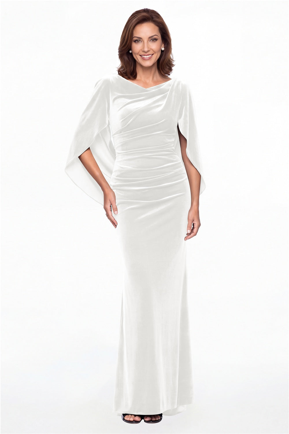 White Cape Sleeve Ruched Velvet Mermaid Maxi Gown - Front View