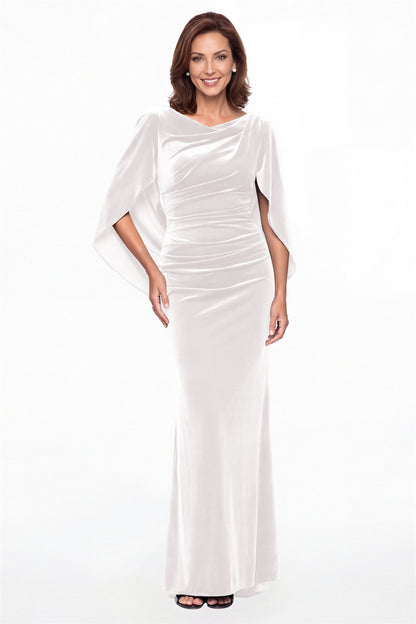 White Cape Sleeve Ruched Velvet Mermaid Maxi Gown - Front View