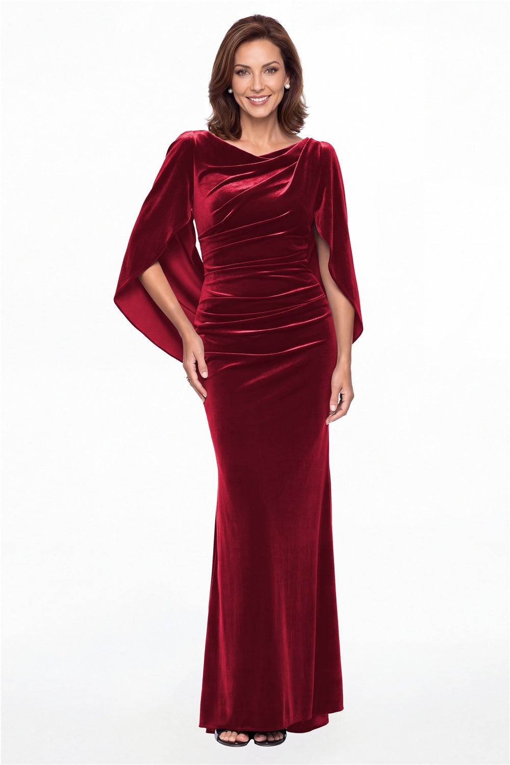 Wine Red Cape Sleeve Ruched Velvet Mermaid Maxi Gown - Front View