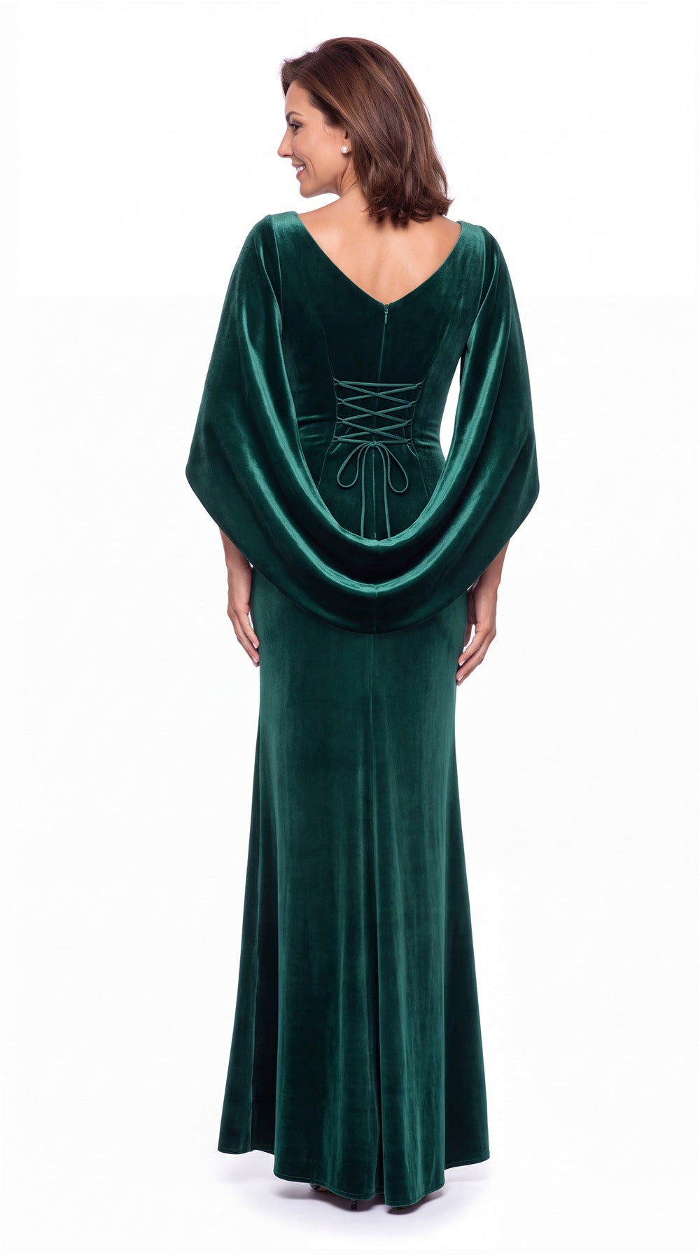 Cape Sleeve Ruched Velvet Mermaid Maxi Gown - Back View