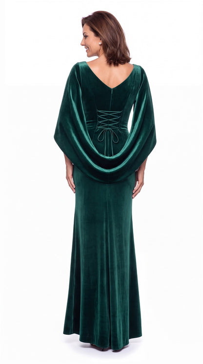 Cape Sleeve Ruched Velvet Mermaid Maxi Gown - Back View
