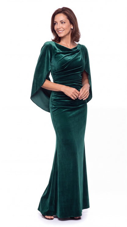Cape Sleeve Ruched Velvet Mermaid Maxi Gown - Detail 3