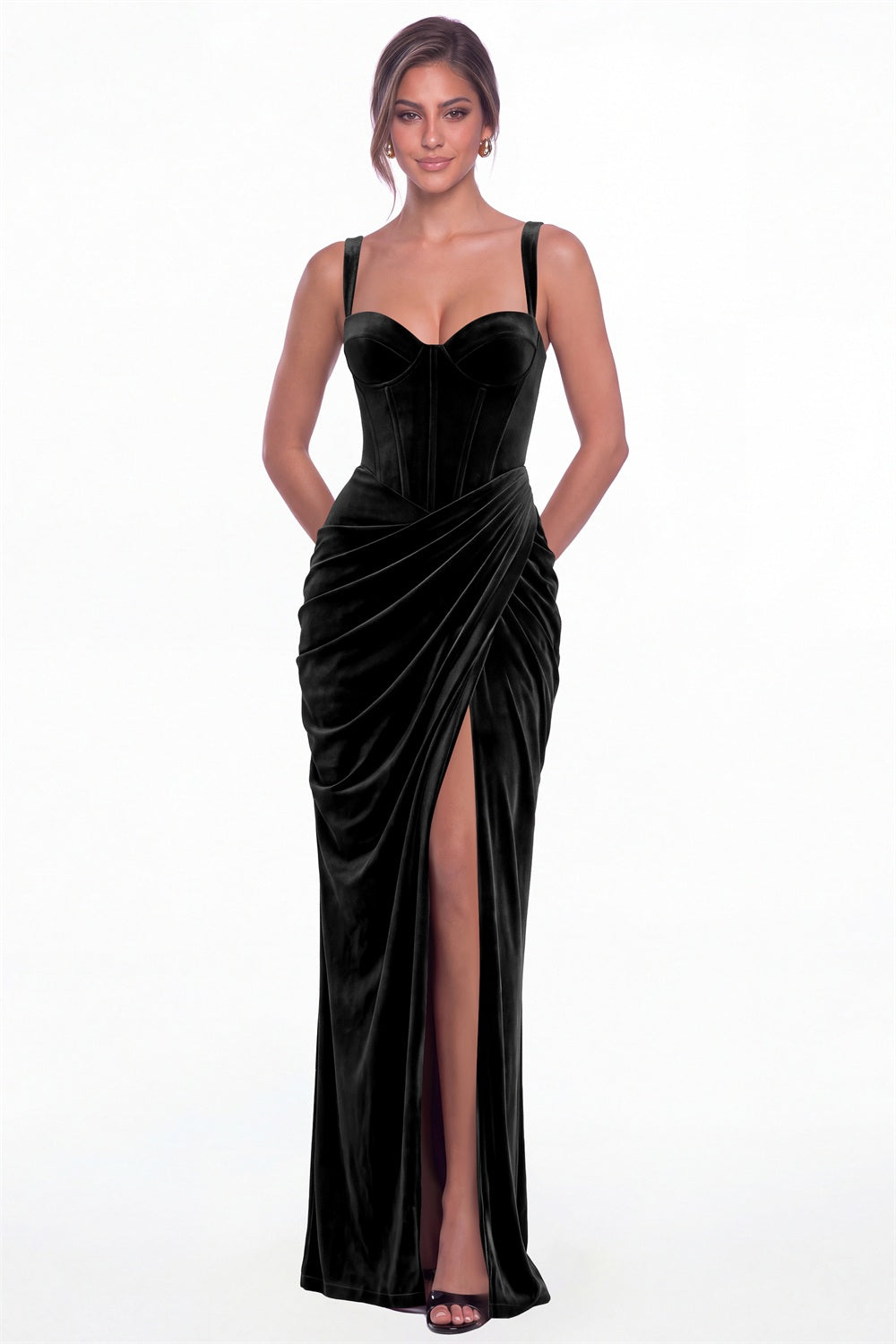 Black Sweetheart Corset Velvet Ruched Slit Maxi Dress - Front View