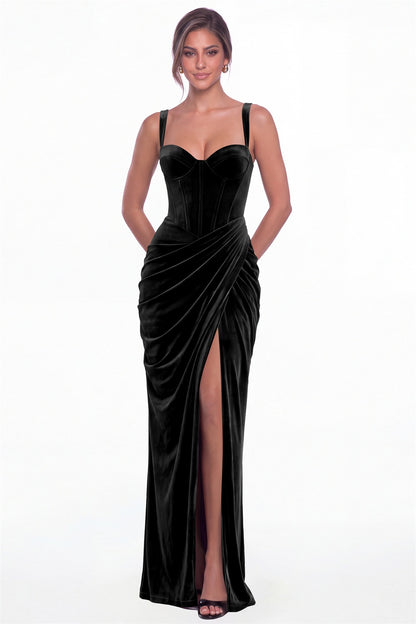 Black Sweetheart Corset Velvet Ruched Slit Maxi Dress - Front View