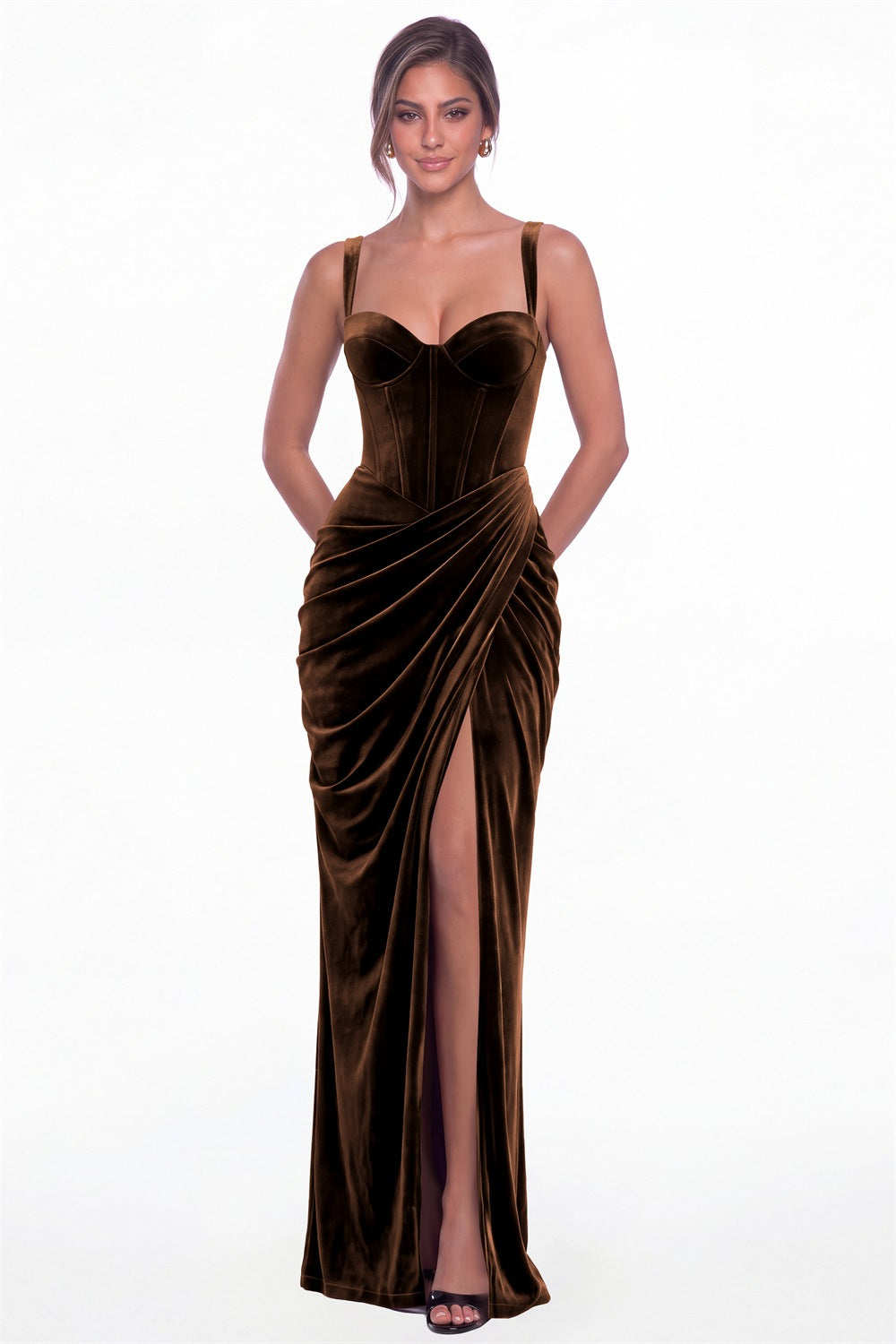 Brown Sweetheart Corset Velvet Ruched Slit Maxi Dress - Front View
