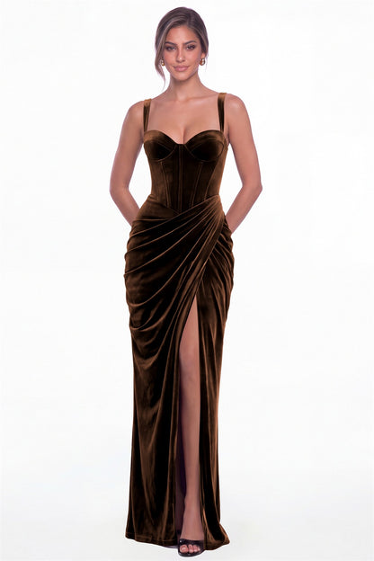 Brown Sweetheart Corset Velvet Ruched Slit Maxi Dress - Front View