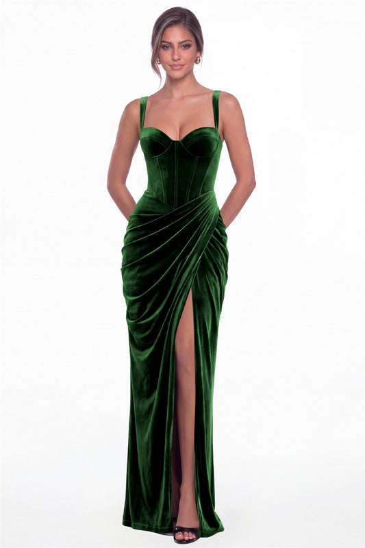 Emerald Green Sweetheart Corset Velvet Ruched Slit Maxi Dress - Front View