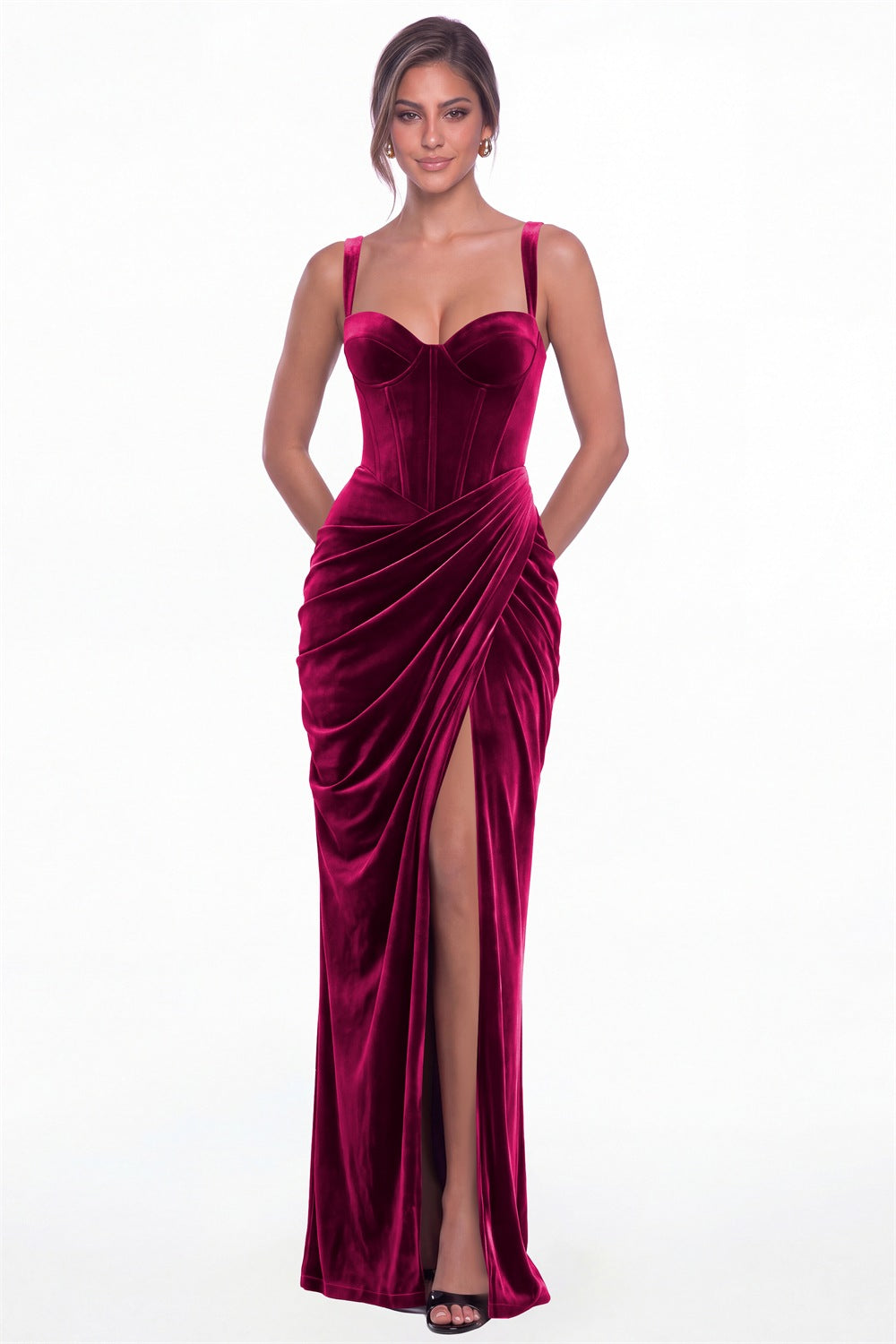 Fuchsia Sweetheart Corset Velvet Ruched Slit Maxi Dress - Front View