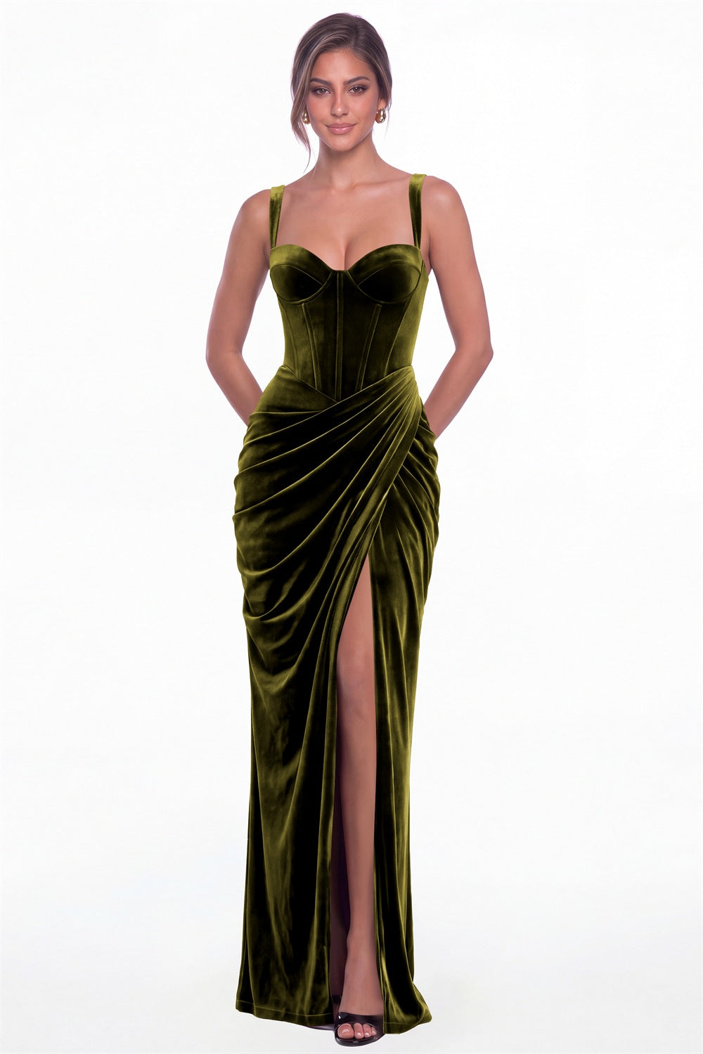 Olive Green Sweetheart Corset Velvet Ruched Slit Maxi Dress - Front View