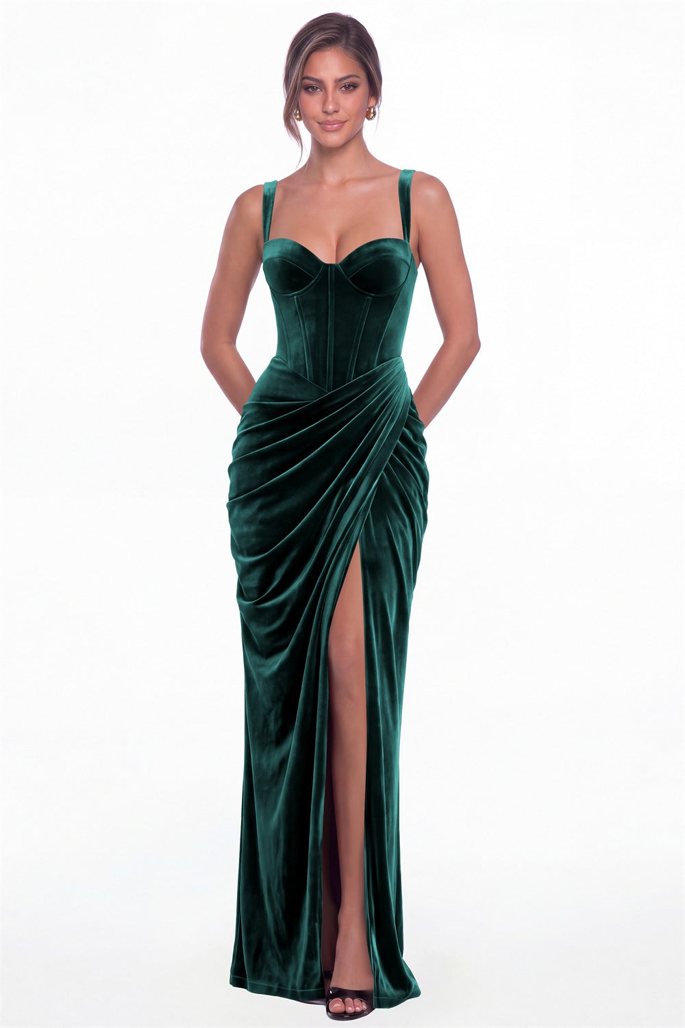 Peacock Sweetheart Corset Velvet Ruched Slit Maxi Dress - Front View