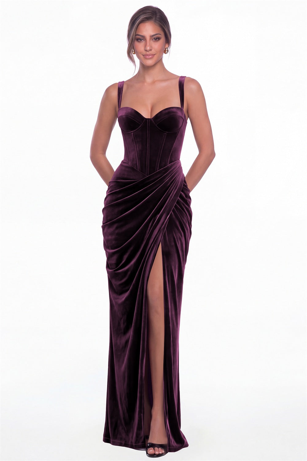 Plum Sweetheart Corset Velvet Ruched Slit Maxi Dress - Front View