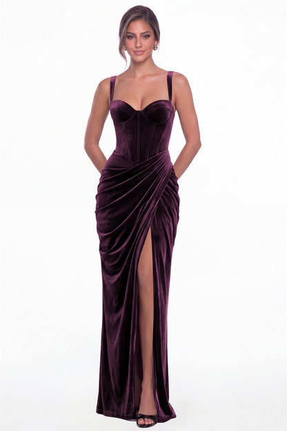 Plum Sweetheart Corset Velvet Ruched Slit Maxi Dress - Front View