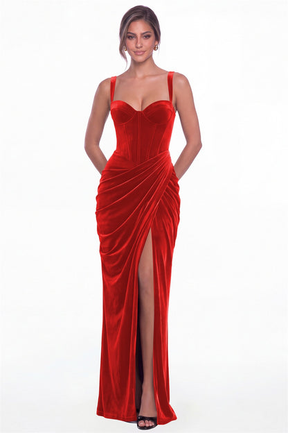 Red Sweetheart Corset Velvet Ruched Slit Maxi Dress - Front View