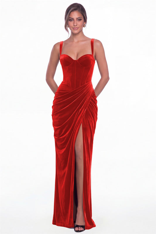 Red Sweetheart Corset Velvet Ruched Slit Maxi Dress - Front View