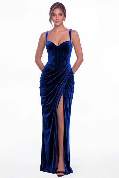 Royal Blue Sweetheart Corset Velvet Ruched Slit Maxi Dress - Front View