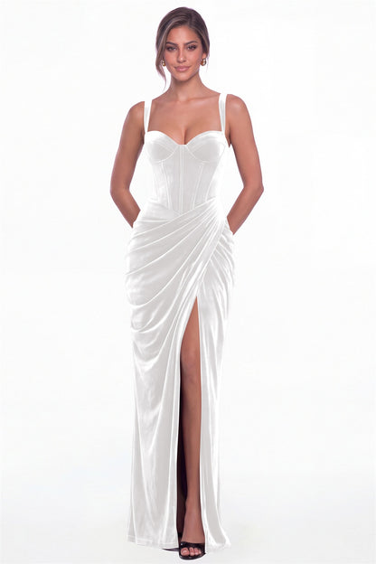 White Sweetheart Corset Velvet Ruched Slit Maxi Dress - Front View