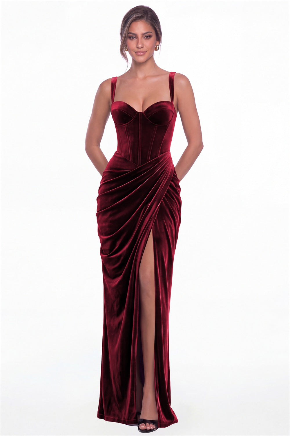 Wine Red Sweetheart Corset Velvet Ruched Slit Maxi Dress - Front View