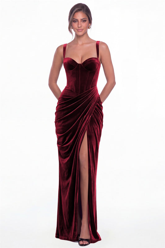 Wine Red Sweetheart Corset Velvet Ruched Slit Maxi Dress - Front View