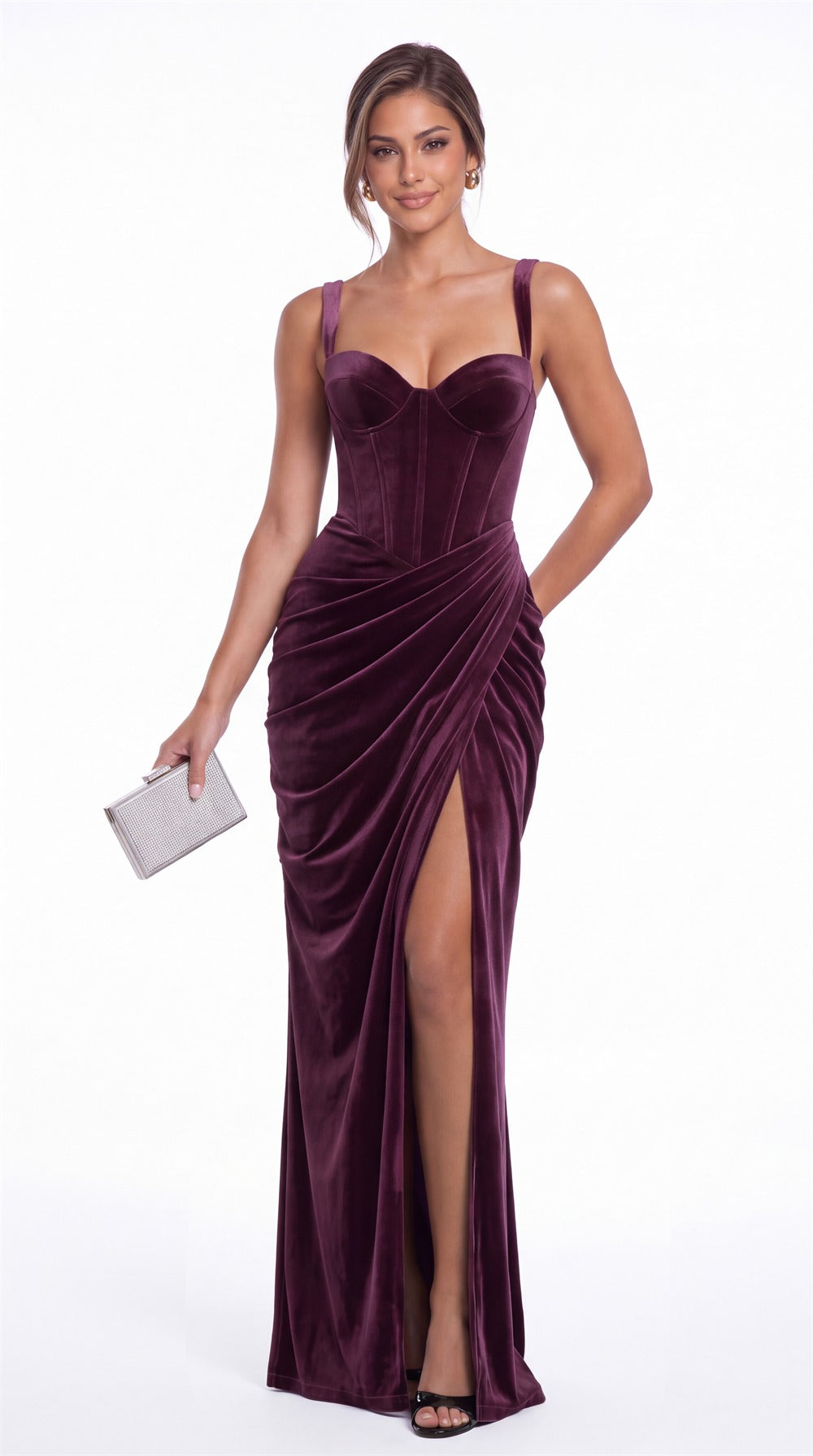Sweetheart Corset Velvet Ruched Slit Maxi Dress - Detail View 3