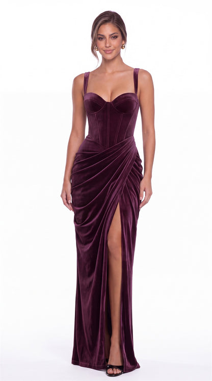 Sweetheart Corset Velvet Ruched Slit Maxi Dress - Detail View 4