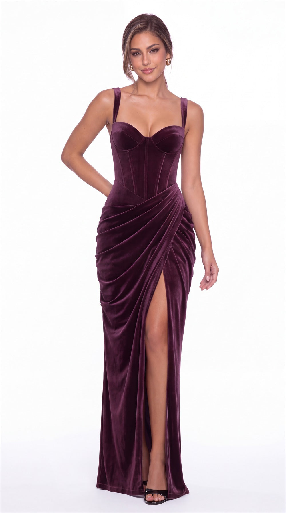 Sweetheart Corset Velvet Ruched Slit Maxi Dress - Detail View 5