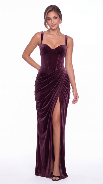 Sweetheart Corset Velvet Ruched Slit Maxi Dress - Detail View 5