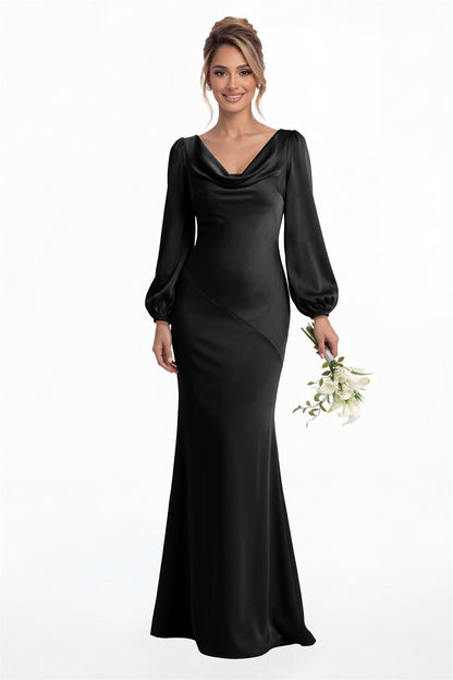 Black Cowl Neck Long Sleeve Satin Mermaid Maxi Gown Front View