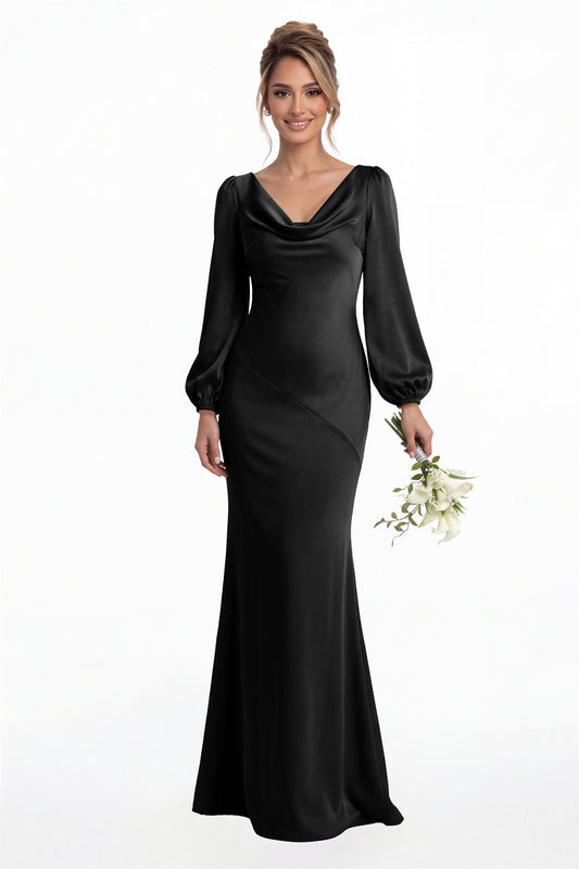 Black Cowl Neck Long Sleeve Satin Mermaid Maxi Gown Front View