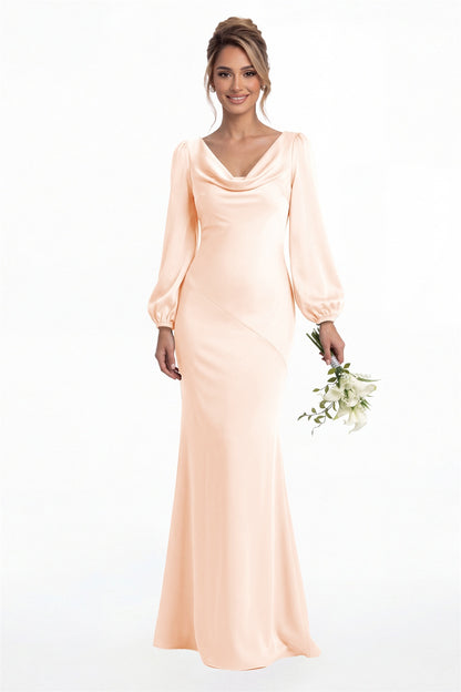 Blush Pink Cowl Neck Long Sleeve Satin Mermaid Maxi Gown Front View