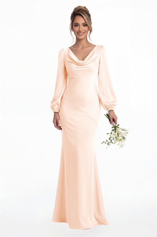 Blush Pink Cowl Neck Long Sleeve Satin Mermaid Maxi Gown Front View