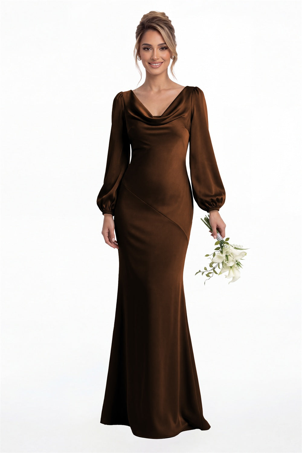 Brown Cowl Neck Long Sleeve Satin Mermaid Maxi Gown Front View