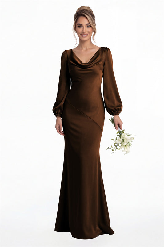 Brown Cowl Neck Long Sleeve Satin Mermaid Maxi Gown Front View
