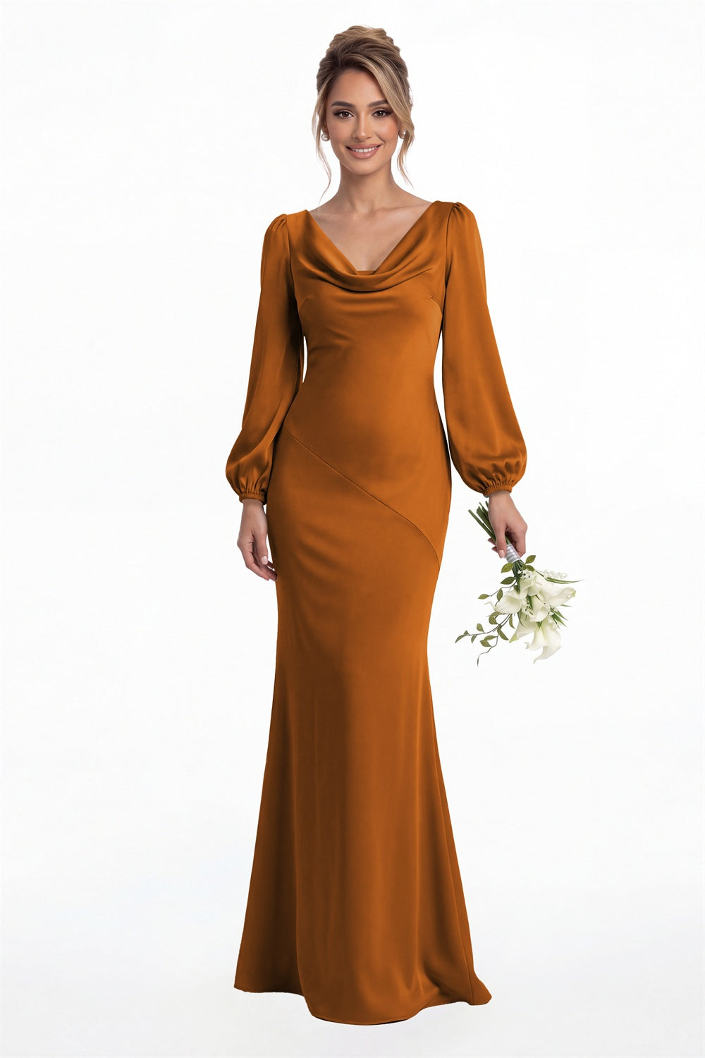 Burnt Orange Cowl Neck Long Sleeve Satin Mermaid Maxi Gown Front View