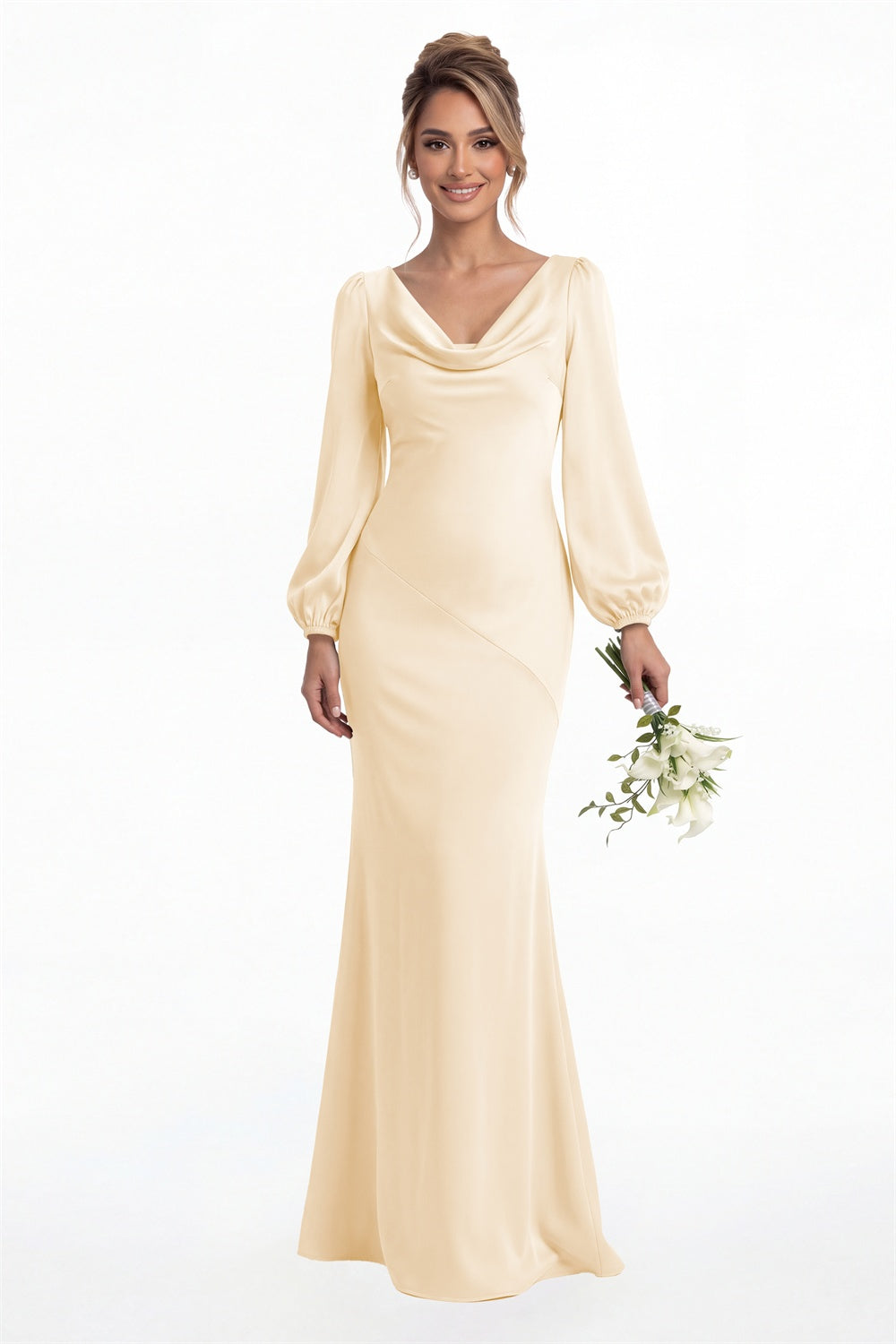 Champagne Cowl Neck Long Sleeve Satin Mermaid Maxi Gown Front View