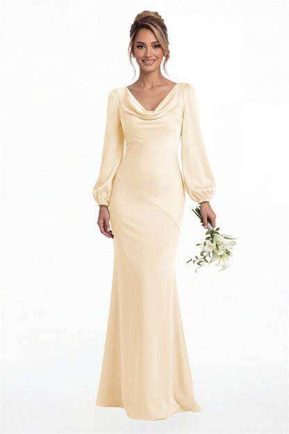 Champagne Cowl Neck Long Sleeve Satin Mermaid Maxi Gown Front View