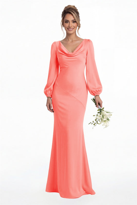 Coral Cowl Neck Long Sleeve Satin Mermaid Maxi Gown Front View