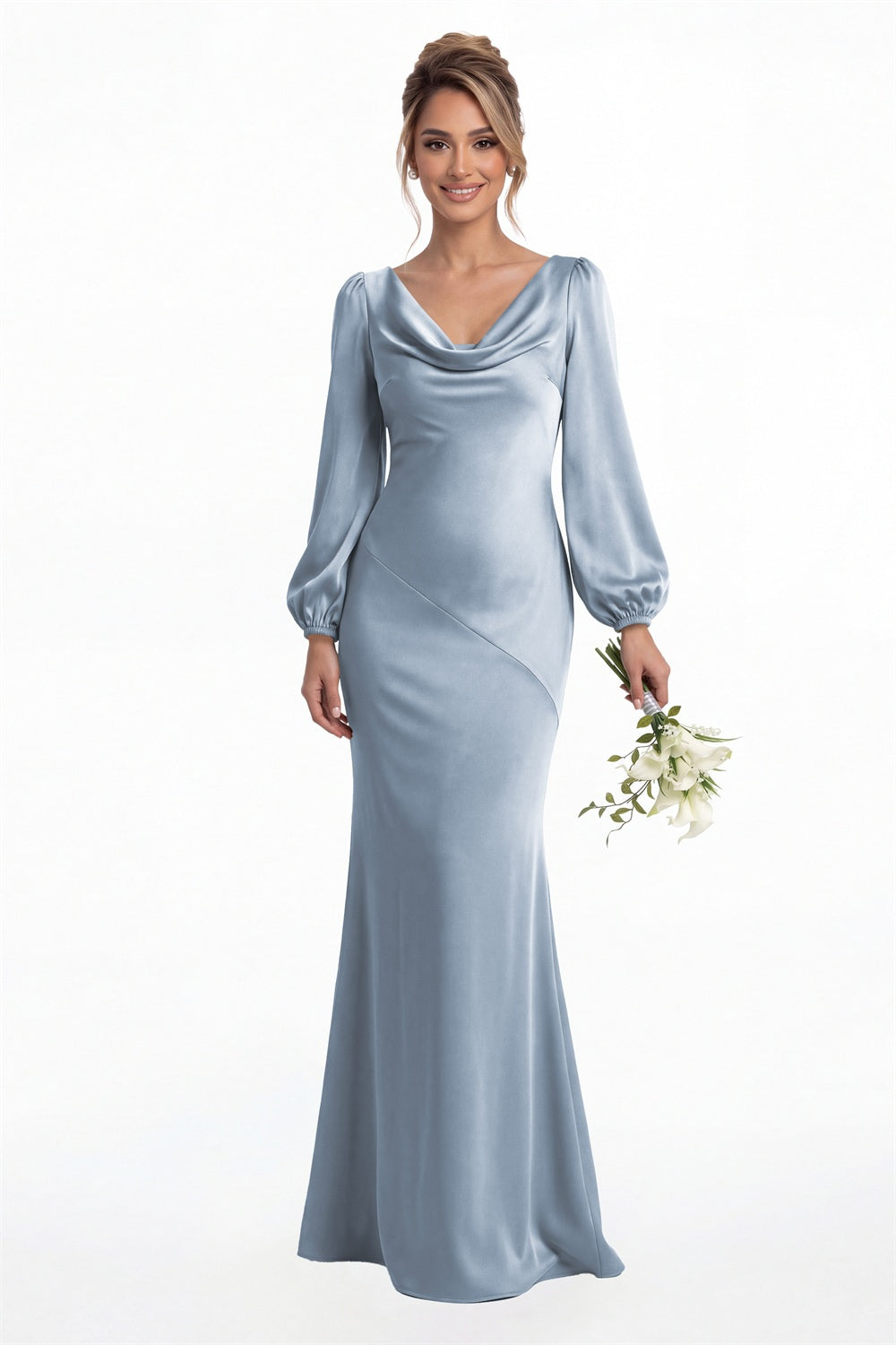 Dusty Blue Cowl Neck Long Sleeve Satin Mermaid Maxi Gown Front View