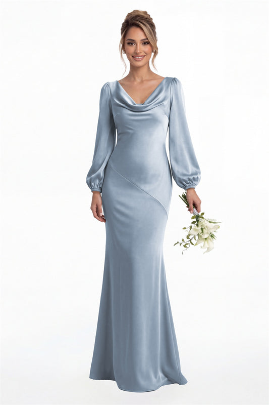 Dusty Blue Cowl Neck Long Sleeve Satin Mermaid Maxi Gown Front View