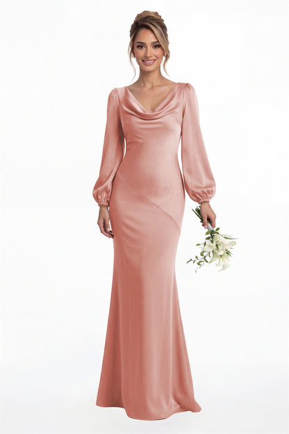 Dusty Rose Cowl Neck Long Sleeve Satin Mermaid Maxi Gown Front View