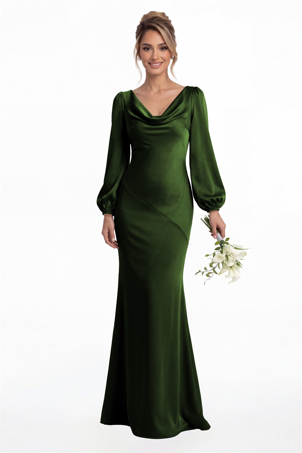 Emerald Green Cowl Neck Long Sleeve Satin Mermaid Maxi Gown Front View